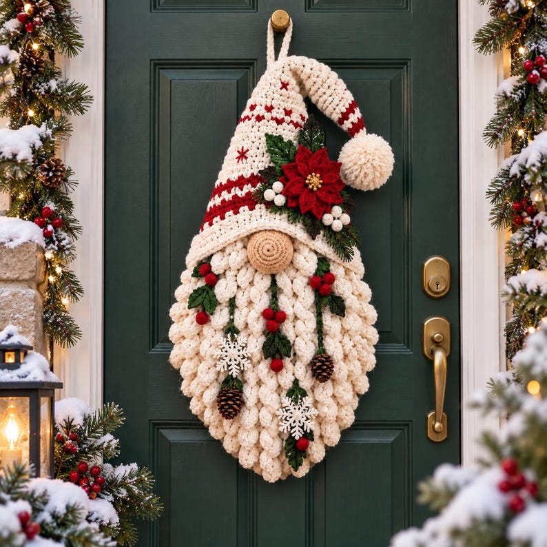 May include: A crochet gnome wall hanging featuring a cream-coloured beard with hanging sprigs of red berries, pinecones, and white snowflakes. The gnome wears a cream and red patterned hat topped with a pom-pom and a red poinsettia floral accent.