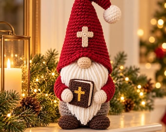 Pode incluir: Uma figura de gnomo em crochê com um gorro vermelho alto com uma cruz branca, barba branca e sapatos castanhos. O gnomo segura um pequeno livro castanho com uma cruz amarela na capa. O gorro é rematado com um pompom branco.