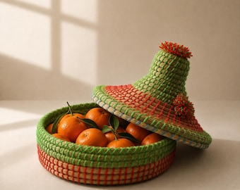 Könnte beinhalten: Ein runder geflochtener Korb mit konischem Deckel, der abwechselnde horizontale Bänder aus hellgrünen und orangefarbenen Fasern aufweist. Der Deckel ist mit einem kleinen orangefarbenen Pompon verziert und enthält mehrere frische Orangen.