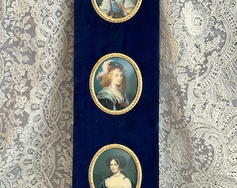 Antique French Framed Hand-Painted Ladies Portraits on Velvet with Brass Ribbon