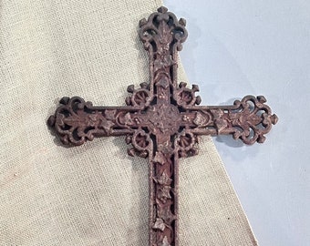 Antique French Iron Cross with Ivy, Grave Decoration, Cemetery Decoration, Religious Wall Decoration, French Iron  Religious Salvage