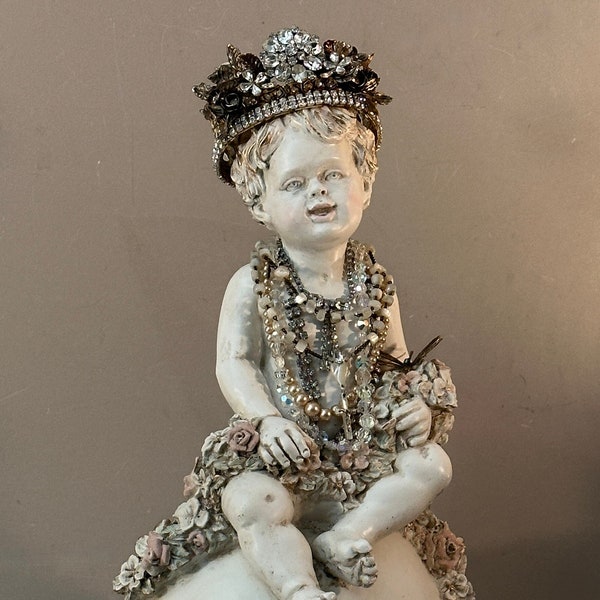 Cherub Statue with Crown, Putti Cherub with Jeweled Crown Roses Dragonfly, Child on Ball Statue, Handmade Jeweled Crown, Cottage Shabby Chic