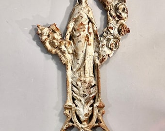 Antique French Iron Cross Fragment with Mary and Roses – Religious Wall Decoration or Garden Decor