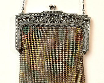 Vintage WHITING & Davis Enamel Mesh Bag Purse, WHITING and DAVIS Purse, Art Deco Mesh Bag, Roaring 20s Bag, Flapper Bag