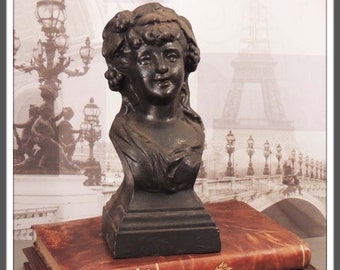 Antique French Cast Iron Bust of Lady – Figural Bookend or Andiron Head, Office Decor