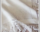 Crochet and Linen Tablecloth, Vintage Monogram Tablecloth, 44 quot Bridge Cloth, Card Table Cloth, Wedding Gift, L Monogram, Square Tablecloth