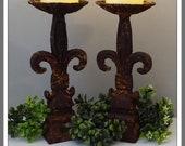 Pair Vintage Candlestick Holders, Rusty Crusty Candlesticks, Fleur De Lis Candlesticks, Patio Lighting Shabby Chic Rustic Farmhouse Lighting
