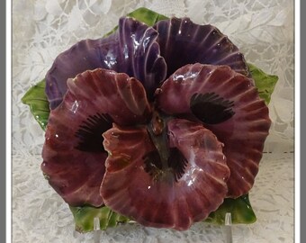 Antique Majolica Pansy Flower, French Porcelain Pansy, Vintage Purple Flower Ceramic Pansy, Porcelain Flower Cemetery Grave Decor