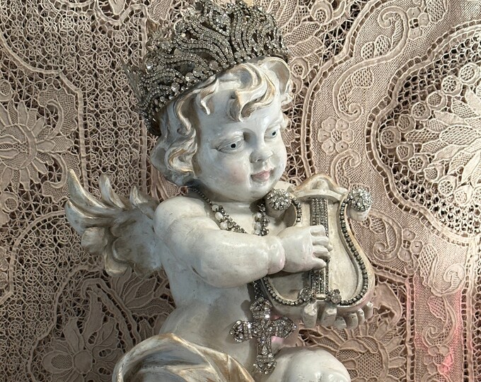 Cherub Statue, Cherub With Crown and Harp, Cherub Figurine Handmade