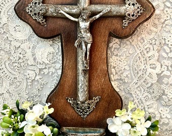 Antique French Wooden Cross with Jesus - Benetier Holy Water Font - Crucifix Religious Wall Decor