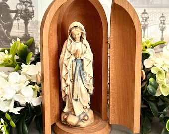 French Virgin Mary in Wood Cabinet, Vintage Madonna Catholic Religious Decor