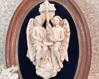 Antique French Framed Hand Carved Meerschaum Plaque With Angels: 19th Century Religious Scene Wall Art