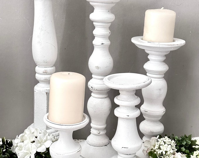 5 Graduated White Wood Candle Holders, Wooden Candleholder Set, Shabby