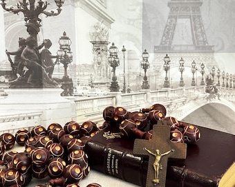 French Monks Rosary Prayer Beads, Rustic Carved Wood Beads, Large Catholic Beads, Religious Decor