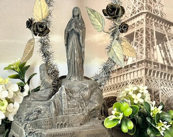 Antique French Metal Our Lady of Lourdes Statue: Madonna Virgin Mary Figurine Apparition of Lourdes Souvenir