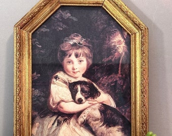 Florentine Framed Girl and Dog Made in Italy, Gold Italian Framed Child and Dog, Made in Italy, Machined Oil on Board