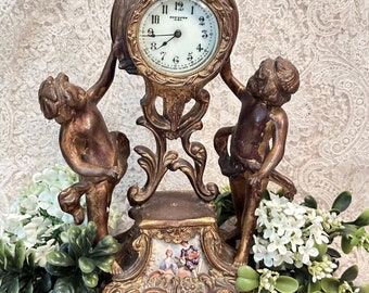 Antique New Haven Clock with Cherubs, Figural Bronze Mantle Shelf Clock, Ornate Art Nouveau Cherub Clock