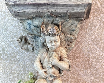 Vintage Wall Shelf with Cherub Angel, Cherub Shelf Bracket, Angel Wall Shelf, Shabby Chic Decor, Cherub Decor, Cherub with Crown