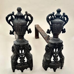 Antique 19th Century French Chenet Fireplace Andiron Pair, French Country Firedog Log Supports