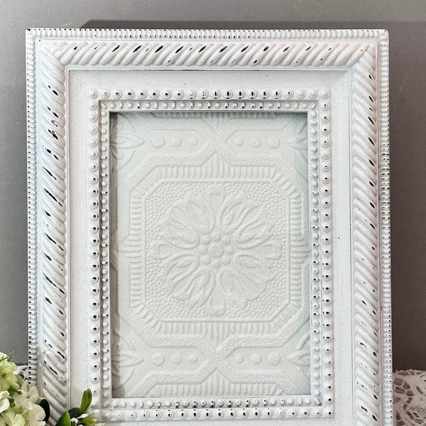 5 x 7 Vintage Distressed White Frame with Glass & Easel Back, 5x7 Shabby Chic White Photo Frame, Wall Gallery Frame, Wedding Frame