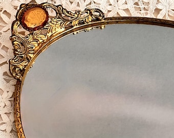 Vintage Large Jeweled Oval Mirrored Vanity Tray: Perfume or Bathroom Decor