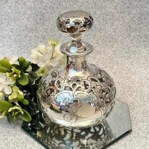 Gorham Art Nouveau Sterling Overlay Perfume Bottle Monogram P, Refillable, Vanity Decor