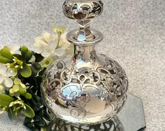 Gorham Art Nouveau Sterling Overlay Perfume Bottle Monogram P, Refillable, Vanity Decor