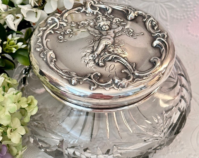 Antique Cut Glass Powder Jar Sterling Lid With Cherub, Shreve and Co