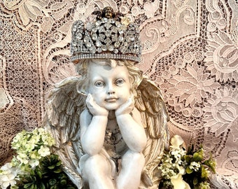 Cherub Statue with Crown, Crowned Cherub, Cherub Figure, Shabby Chic Cherub Home Decor, Nursery Decor, Cherubs, Angel Decor, Ornate Crown