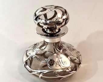 Alvin Silver Overlay Cologne Bottle with Monogram, Monogrammed Art Nouveau Silver Overlay Scent Perfume Bottle, Collectible Perfume Bottles