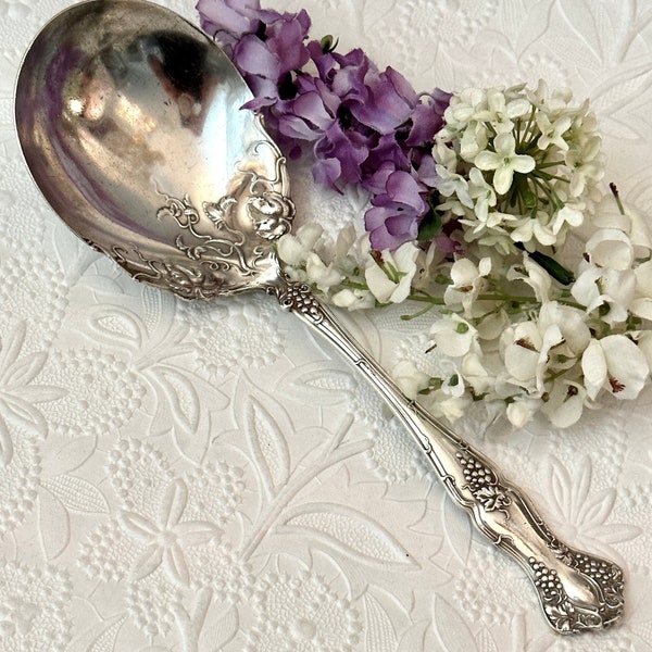 Antique 1847 Rogers Bros Silver Vintage Grape Berry Spoon, Grape Pattern Serving Spoon Casserole Spoon, Wedding Gift