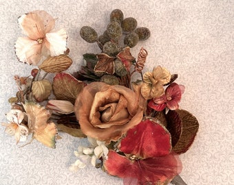 Vintage Silk Floral Bouquet, Silk Flowers, Velvet Flowers, Glass Bead Covered Grapes