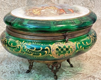 Antique Moser Green Glass Dresser Box, Enameled Green Bohemian Glass Powder Box, Green Glass Powder Jar, Scenic Dresser Box, Glass Candy Box