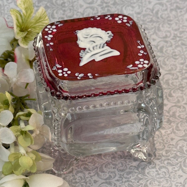 Vintage Westmoreland Glass Box with Silhouette, Mary Gregory Style Glass Trinket Box, Silhouette Lid Glass Box, Glass Keepsake Trinket Box