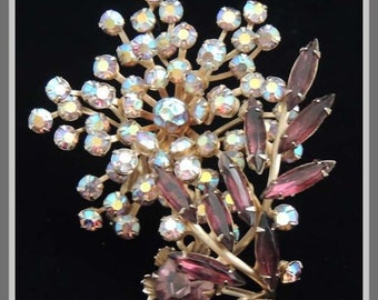 and Glass Bead Floral Corsage Brooch Aurora Borealis and Amber Austrian Crystal Faux Pearl 1940s Kramer Pale Yellow Enamel