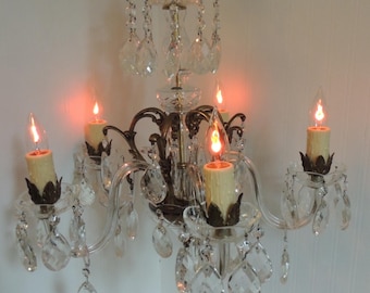Vintage Chandelier Lighting, 5 Light Chandelier with Prism Crystals, Hanging Ceiling Light Chandelier, Shabby Chic Cottage French Lighting