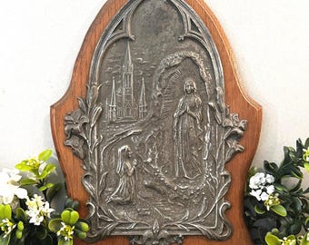 Silver and Wood Lourdes Wall Plaque: Our Lady of Lourdes and Saint Bernadette Apparition Scene La Basilique Lourdes La Grotte