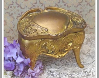 Gold Ormolu French Jewelry Casket with Legs – Vintage Trinket Box Vanity Decor