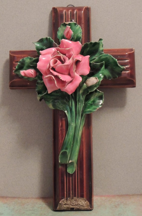 Antique French Majolica Cross With Roses, Porcelain Cross With