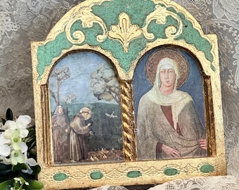 Vintage Italian Florentine Triptych Icon, Madonna and Saints Religious Art, Gold Gilt Spiritual Decor