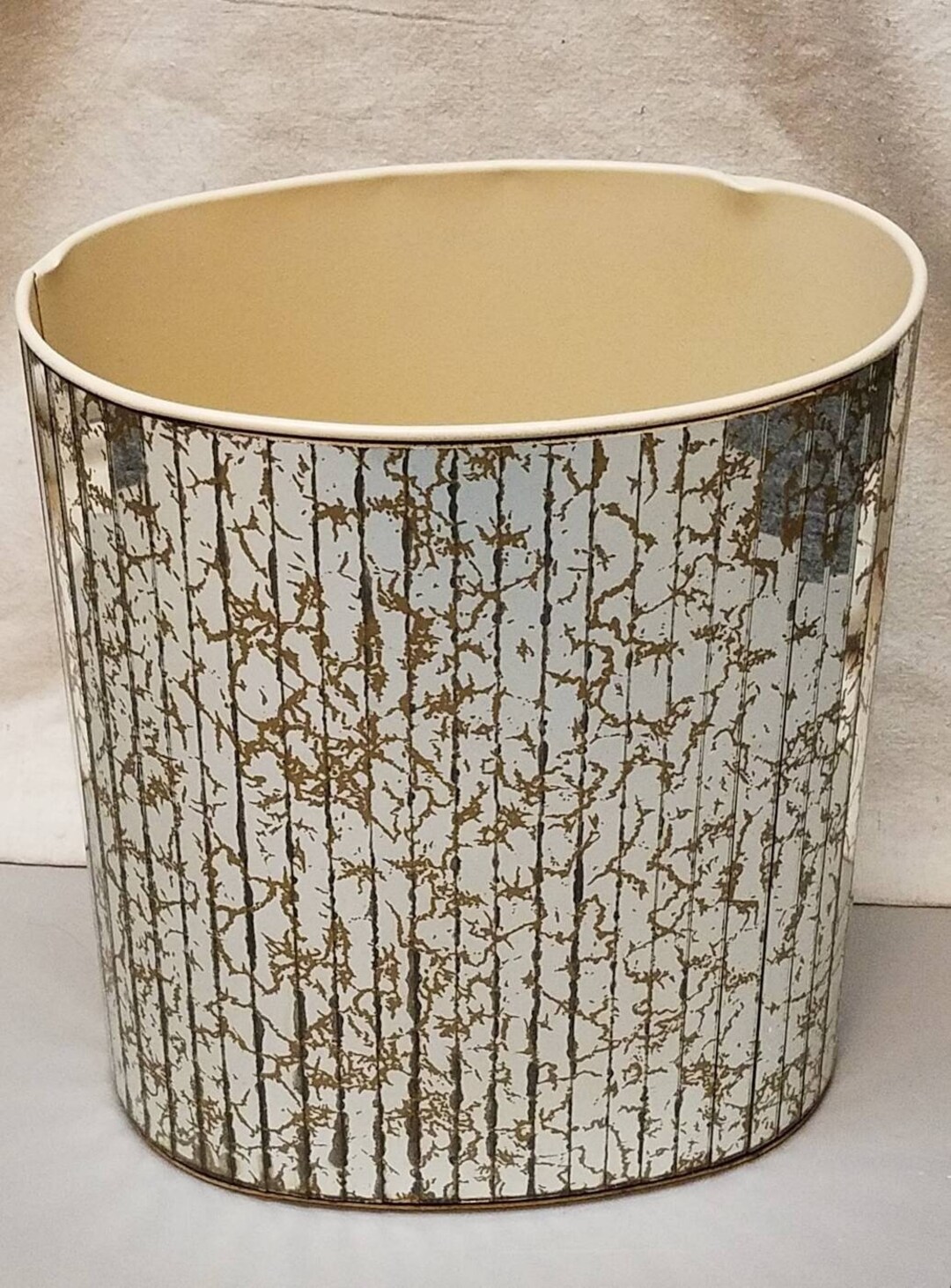 Mirrored Trash Can, Mid Century Gold Vein Mirror Wrapped Waste Basket