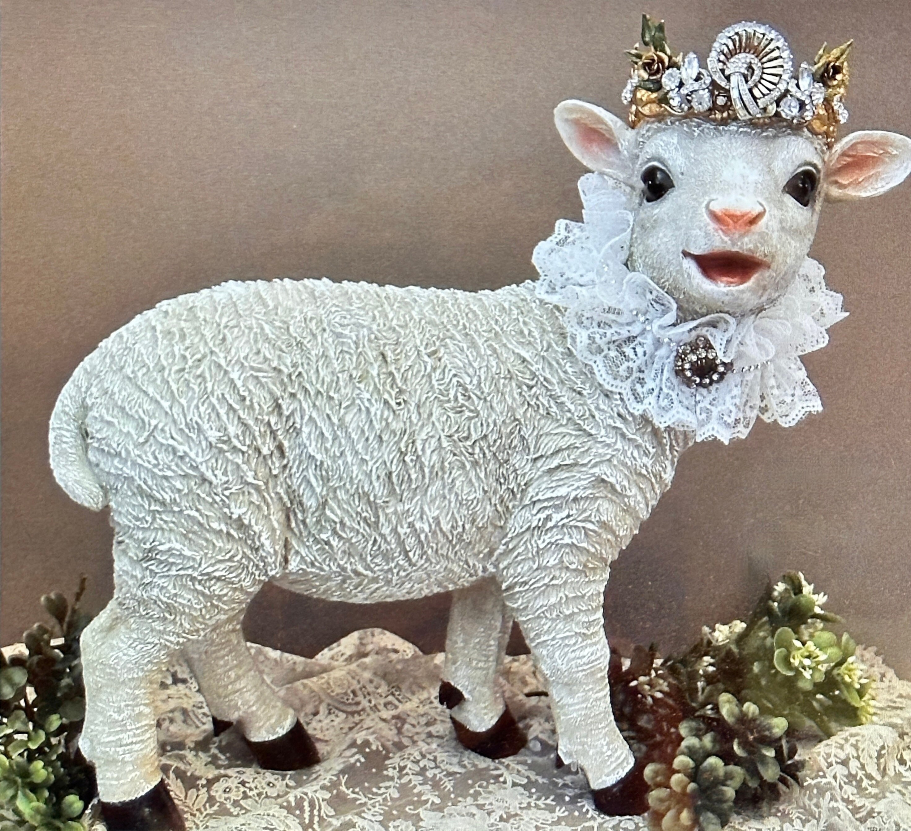 Lamb With Crown Statue, Standing Life Size Baby Lamb Statue