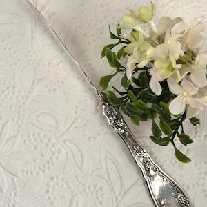 May include: A silver-toned metal cake knife featuring an ornate handle with embossed grape and vine detailing. The blade is long, slender, and pointed, while the handle displays intricate floral and fruit motifs in a polished metallic finish.