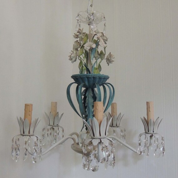 Vintage Blue And White Italian Tole Chandelier Lighting