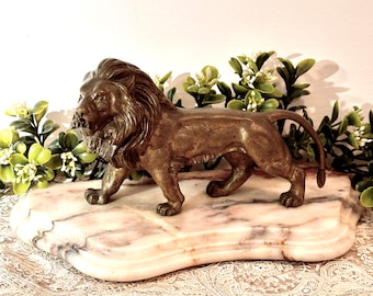 Antique French Bronze Lion Statue on Marble, Bronze Figure of Lion on Marble, Bronze Animal Statue on Marble, Office Decor, Mantle Decor