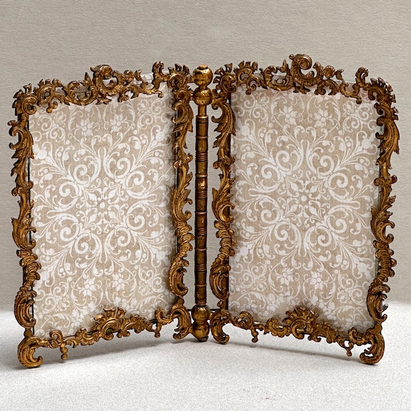 Antique 19th Century Stern Brothers Double Brass Frame, Ornate Folding Brass Picture Frame, Small Picture Frame for 2 Photos, Desk Top Frame