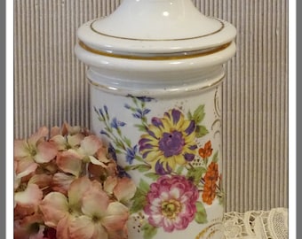 Vintage French Limoges Apothecary Jar with Flowers, Fabrique par Chastagner Porcelain Apothecary Jar with Lid, Floral Porcelain Jar with Lid