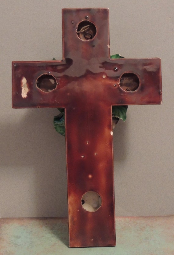 Antique French Majolica Cross With Roses, Porcelain Cross With