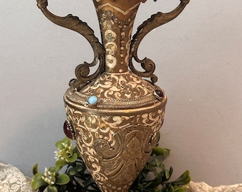Antique Etched Brass Vase with Jewels, Victorian Art Nouveau Decor