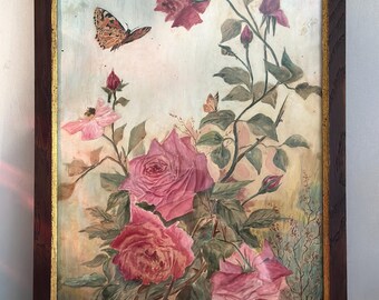 Vintage French Floral Rose Butterfly Watercolor Painting, Garden Scene Signed Framed